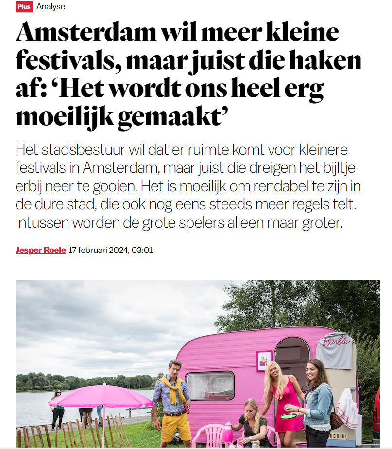 Een screenshot van een artikel van Het Parool over festivals in Amsterdam.